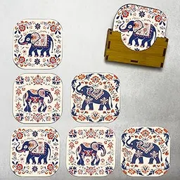 TW Coaster Set of 6 Ethnic India Theme Elephant Design Wooden Coasters to Serve Tea Cups, Coffee Mugs and Glasses (3.5 x 3.5 inch) (Square) (Ecofriendly) with Stand for Dining Table & Home Decor-image-68