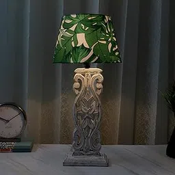 tu casa Classic Rustic Wooden Brown Bedside Table Lamp Plam Tree Print Shade for Home Decoration Bedroom Living Room Lounge Office Festival Decor & Gifting Study Table H - 21" / No Blub image 1