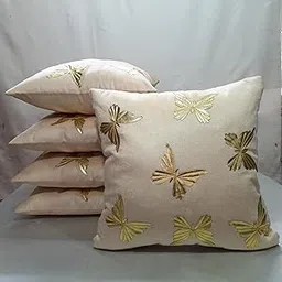 Sky Buzz Velvet Butterfly Pacth Designs Cushion Cover Pack 5 | Velvet Butterfly Cushion Throw Pillow Sofa Living &Bedroom Size 16 * 16 Inches (Beige)-picture-54