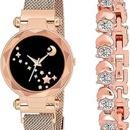 the shopoholic Rose Gold and Black Analog Moon Magnetic Belt with Free Bracelet for Women Pack of Watch and Bracelet-picture-10