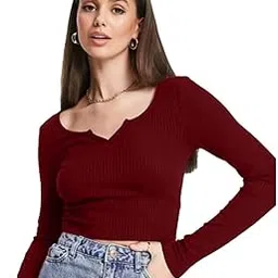 glare & blair Ribbed V Neck Notch Full Sleeve Casual Stylish Latest Regular Top for Women-picture-14
