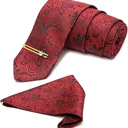 Mens Red Necktie Italian Silk Suit Tie with Golden Tie Pin Pocket Square American Style Formal Tie Gift Set for Men (TEGPFR)-image-75