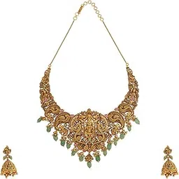 kushal's Fashion Jewellery Ruby-Green Gold Polished Antique Short Necklace With Push Back Jhumkas and Adjustable Chain for Bridesmaids, Necklace set for women - 435921-picture-34