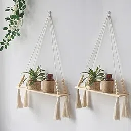 Artilady 2 Pack Wooden Wall Hanging Shelves - Macrame Hanging Plant Shelf with Tassel,Boho Storage Floating Shelves Handmade Rustic Hanger Planter Rack Pot Stand Holder-image-87