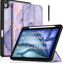 Robustrion Case Cover for iPad Air 11 inch M3 / M2 (2024/2025)/iPad Air 5th Generation Cover/4th Gen 10.9" with [Pencil Holder Right Side][Flexible Back][Auto Sleep Wake] and Stylus Pen - Marble Lilac-picture-8