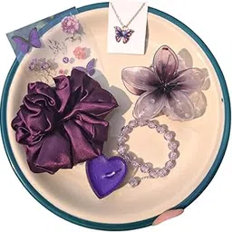 Beauty Enhance Purple Accessories Gift Set, 6 Pieces with Satin Scrunchie, Crystal Bracelet, Butterfly Necklace, Floral Hair Clip, Heart Candle-picture-13