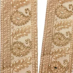 Premium Pearl Embroidery Lace Border for Sarees, Dupattas, Dresses & Craft | Golden Zari Stone Work Decorative Trim | Fabric Lace for Blouse, Lehenga & Kurti Decoration (2 Meter) (2)-picture-10