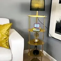 Metal multiutility Shelf Floor lamp with Linen Multicolor lampshade for Living Room Corner Study Room Bedroom Hotel and Office Decorative Lighting Fixture (Antique Brass 59 inches Height)-image-98