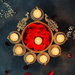 Decorative Brass Diya Set with Bowl, Traditional Indian Puja Thali, Gold Plated, Tea Light Holders, Floral Design, Festival Decor 7 iinch image 1