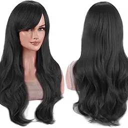 Rapunzel 26 Inches Long Full Head Cover Oblique Bang Curly Wavy Hair Wig Extension Synthetic Natural Looking Breathable Net with Wig Cap (Natural Black)-image-62