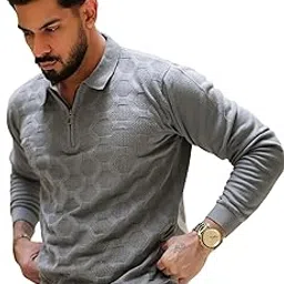 maniac || Mens || Textured || Diamond Knit || Half Zipper || Polo Neck || Full Sleeve || Cotton T-Shirt-picture-11