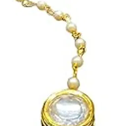jewelopia Kundan Gold Plated Maang Tikka Pearl Drop Forehead Jewellery Tikka For Women and Girls-picture-21