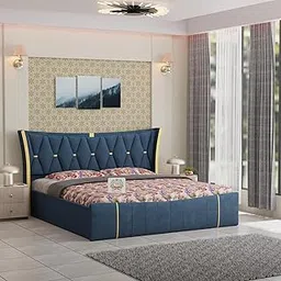 TreeFry Solid Wood King Size Bed with Storage | Upholstered Double Bed Cot Bed with Box Storage & Upholstery Fabric for Bedroom & Hotel | Aegean Blue, Recommended Mattress Size: 78X72 image 1
