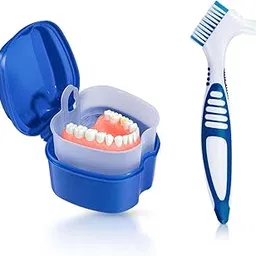 KISEER Denture Bath Case Cup Box Holder Storage Container with Denture Cleaner Brush Strainer Basket for Travel Cleaning (Blue)-picture-18