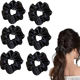 Cerrito Satin Silk Hair Scrunchies for Women & Girls – Soft Elastic Hair Ties for Ponytail, Bun & Daily Styling, No Damage Hair Bands, Premium Hair Accessories Pack, Birthday Gift (Black 6 Pcs)-image-7