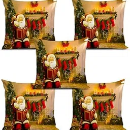 Jute Fabric Designer Decorative Printed Merry Christmas Theme Cushion Cover Xmas Decorations for Sofa Living Room Set of 5 12 x 12 inch Multi (CHMCC53)-picture-14