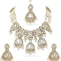 22K Gold-Plated Handcrafted White Kundan Studded & Pearl Beaded Bridal Jewellery Set with Earrings & Maangtikka for Women & Girls – Perfect for Weddings, Festive Celebrations & Grand Occasions-image-7