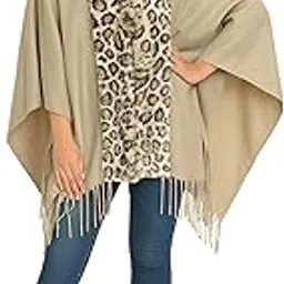 manra Women's Winter Poncho/Shawl/Stole with Animal Print Faux Fur Collar – Elegant Fringed Cape Wrap for Casual Winter Wear-picture-38