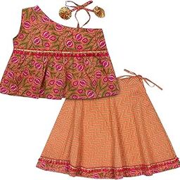 superminis Baby Girl's Cotton Jaipuri Print One Side Off Shoulder Top/Kurti And Printed Lehnga/Skirt With Dori Closure Dress Clothing Set-picture-21