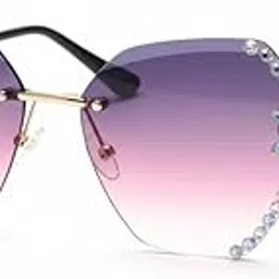 Rimless Gradient Sunglasses, Purple Pink Ombre Lens with Crystal Rhinestone Trim, Gold Metal Frame, Oversized Fashion Style-picture-36