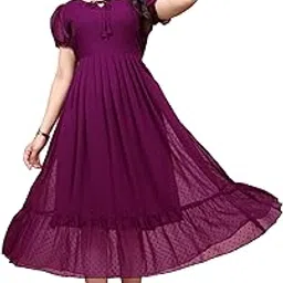 hosi Women's Georgette Printed Polka Dot Pattern Puff Sleeves Maxi Dress for Women | Fit and Flare Below The Knee One Piece-picture-22
