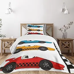 Lunarable Cartoon Bedspread, Race Cars at Start Line Adrenaline Exotic Sports Championship Theme, Decorative Quilted 2 Piece Coverlet Set with Pillow Sham, Twin Size, Marigold Blue Red-picture-43