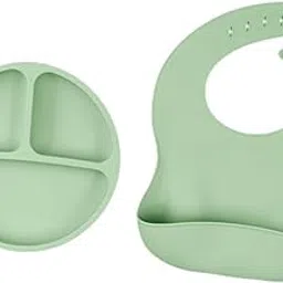 Silicone Baby Feeding Set Divided Suction Plate Bib Baby Utensils for Babies Green-image-0