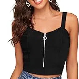Midnight Black Women's Zipper Camisole Tank Top, Sleeveless, Cropped, Black-picture-18