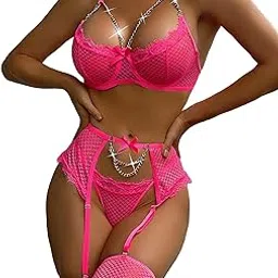 Garter Lingerie Set for Women Sexy Fishnet Lingerie Lace Wirefree 4 Piece Sets Chain Bra Nightgown Lingerie Female Wedding Nightgown for Honeymoon and Anniversary Babydoll with Panty-image-82