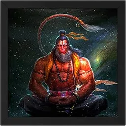 Ritwika's Wood Ritwikas Wall Art Painting Of Meditating Hanuman With Frame For Home&Office Decor, 13.5 Inx13.5 In, Multi Colored, Digital Painting (Meditating, Hanuman)-image-2