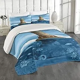 Lunarable Lighthouse Coverlet, Lighthouse Seagulls Birds Architecture Maritime Reef Fish Undersea Scenic View, 3 Piece Decorative Quilted Bedspread Set with 2 Pillow Shams, King Size, Blue Brown-picture-44