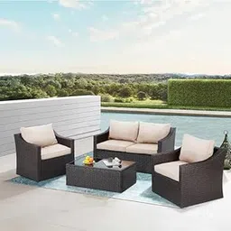 DEVOKO Patio Furniture Sectional Sofa Set 4-Piece Outdoor Wicker Furniture Set with Table (Dark Brown & Cream)-picture-18