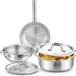 Bergner Tripro BE Essentials 5 Pc Triply Cookware Set - Kadai 24cm/3L with Lid, 22cm/1.5L Frypan, Shallow Biryani Pan 32cm/8.6L with Lid, Less Oil Use, Healthy Cooking - Induction and Gas Stove Ready-picture-18