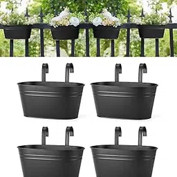 12 INCH Anti Rust Railing Oval Planter for Balcony & Garden with Detachable Handle | Hanging Flowerpot Holder | Metal Wall Planter | Indoor and Outdoor Plant Container (Black - Pack of 4)-picture-14