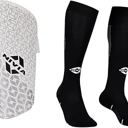 nivia Rabona Football Super Socks/Stockings (Black, L) | Polyester Blend | for Men & Women | Knee, Wisdom - 2018 Plastic Shin Guard for Youth (Large, White) | for Football Games Matches, Train image 1