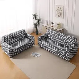 HOKIPO 'Modern Grace' Sofa Cover 5 Seater Fully Covered – 3+2 Stretchable Sofa Cover, Grey Trellis (IN-851-I1 + IN-852-I1)-picture-26