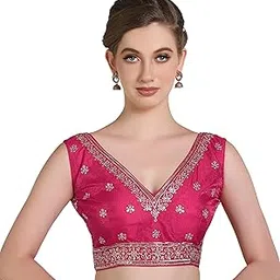 Women's Indian Ethnic Wear Designer Gold zari Embroidery with Sequence Work V Neck Sleeveless Readymade Back Side Worked Saree Blouse-image-82