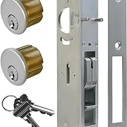 Storefront Door Lock Hook Bolt Solid Brass Cylinder Combo Keyed Alike for Aluminum Zinc Alloy Shop Doors (Silver,Double Cylinder Mortise 1.1/8" Backset,)-image-21