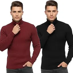 Men's Classic Ribbed Turtleneck Sweater, Long Sleeve, Black and Maroon, Slim Fit, Knitted Winter Pullover-picture-44