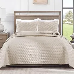 Exclusivo Mezcla Ultrasonic 3-Piece Queen Size Quilt Set with Pillow Shams, Lightweight Bedspread/Coverlet/Bed Cover - (Bone, 92"x88")-image-24