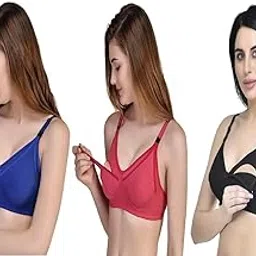 Stylist Cotton Blend Casual Full Coverage Non-Padded Wire Free Solid Maternity/Nursing Bra for Women (Blue-Rani-Black, 42B) (Pack of 3)-picture-34