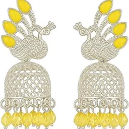 Traditional Silver Jhumka Earrings with Red Enamel, Lattice Dome Design, Peacock Pattern, Hanging Beads-picture-30