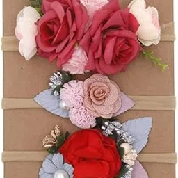 SYGA 3 Pcs Baby Headband, Flower, Pearl Stretchable, Nylon HairBand for Newborn Infant Toddlers Kids 0-3 Year- Red-picture-28