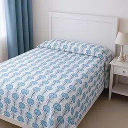 Aaru Creation Firozi Booty Bombay Style on Beautiful White Background Double Bed Sheet with Same Print Pillow Cover, Modern Botanical Print King Size-picture-24