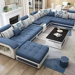 CERTIFIED FURNITURES� Modern U-Shaped Sectional Sofa Set with Storage | 9 Seater Fabric Sofa Couch with 4 Puffy & Cushions | Stylish Living Room & Hall Furniture for Home & Guest Room (Blue & Cream)-image-5