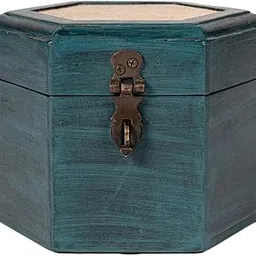 CONTRAST LIVING Majiri Blue Wooden Hand Painted Vintage Decorative Box Jewelry Box (Antique Blue, Fabric Colour-Beige, Hexgon) (M)-picture-23