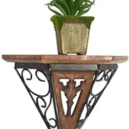 Rehmi Handicrafts Rustic Wall-Mounted Corner Shelf, Wooden and Metal Triangle Design with Decorative Scrollwork, Brown-picture-20