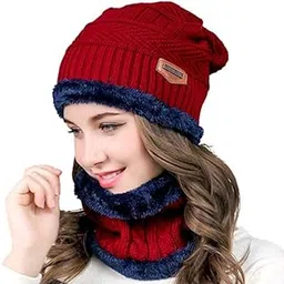 EMPOISON Winter Woollen Cap & Neck Warmer (Scarf) Set for Women | Inside Fur Wool Beanie Cap with Neck Warmer/Muffler | Warm Hat| Air Proof Cap | Knit Hat with Thick Fleece-image-46