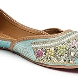 natshuz Women Regal Turquoise Tapestry Punjabi Jutti Ethnic Leather Round Toe Slip-On Turqoise Mojaris Embellished Flats-picture-10