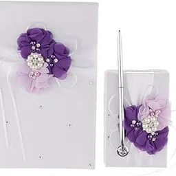 LOOM TREE® Satin Flower Wedding Guest Book & Signing Pen Set with Pearls Crystal Purple | Wedding Supplies | Guest Books & Pens-image-24